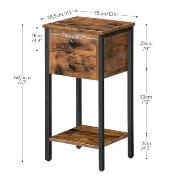 HOOBRO Tall Nightstand, Bedside Table with 2 Drawers and Storage Shelf, Industrial Telephone End Table for Study, Bedroom, Side Table Space Saving, Easy Assembly, Rustic Brown and Black BF72BZ01