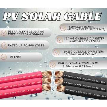 WindyNation 10 Gauge 10 AWG Pair 30 Feet Black + 30 Feet Red PV Photovoltaic Solar Panel Extension C...