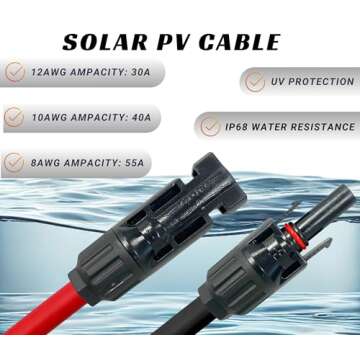 WindyNation 10 Gauge 10 AWG Pair 30 Feet Black + 30 Feet Red PV Photovoltaic Solar Panel Extension Cable Wire Solar Connectors