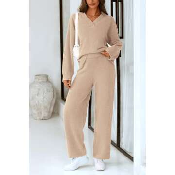 PRETTYGARDEN Women's 2 Piece Pullover Sweater Set Oversized V Neck Top Wide Leg Pants Fall Winter Fuzzy Lounge Outfit (Khaki,Small)