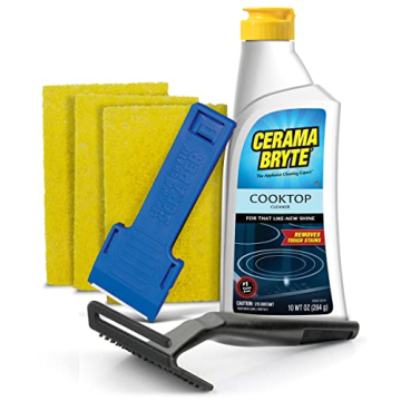 Cerama Bryte Combo Kit | POW-R Grip, Scraper, Pads | Glass, Ceramic Cooktop Cleaner, 10 Oz, 6 Piece