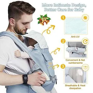 FRUITEAM 6-in-1 Baby Carrier with Waist Stool/Hip Seat for Breastfeeding, One Size Fits All - Adapt to Newborn, Infant & Toddler (Blue)