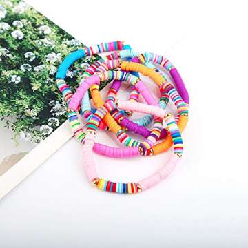 feixun Heishi Surfer Bracelets set - 6mm Polymer Clay Rainbow Bracelet Elastic Rope Bracelet, Boho Beaded Bracelet, Great for Beach, Vacation (12pc Heishi Surfer Bracelets B)
