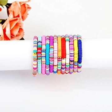 feixun Heishi Surfer Bracelets set - 6mm Polymer Clay Rainbow Bracelet Elastic Rope Bracelet, Boho Beaded Bracelet, Great for Beach, Vacation (12pc Heishi Surfer Bracelets B)