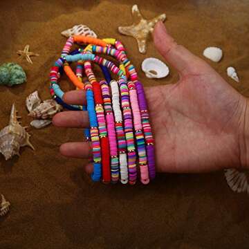 feixun Heishi Surfer Bracelets set - 6mm Polymer Clay Rainbow Bracelet Elastic Rope Bracelet, Boho Beaded Bracelet, Great for Beach, Vacation (12pc Heishi Surfer Bracelets B)