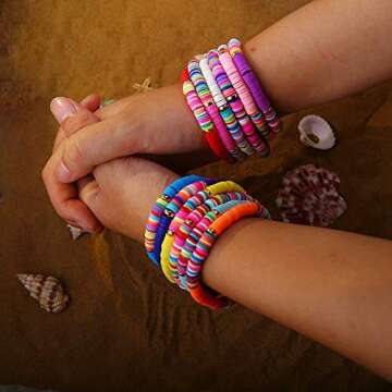 feixun Heishi Surfer Bracelets set - 6mm Polymer Clay Rainbow Bracelet Elastic Rope Bracelet, Boho Beaded Bracelet, Great for Beach, Vacation (12pc Heishi Surfer Bracelets B)