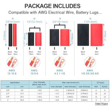 RockDIG 74PCS 1 3/4 1/2 3/8 Inch 3:1 Heat Shrink Tubing Assortment Kit Double-Wall Adhesive Lined Ma...