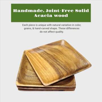 WRIGHTMART Acacia Wood Plates for Food, Square Rustic Set of 4, Heavy Duty 10"x10" Platters, Perfect for Dining, BBQ, Picnic, Parties, or Ceramic Plate Chargers.