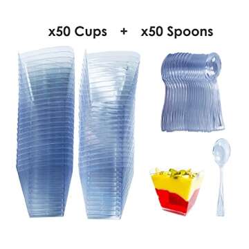 Blissful Dining BLISSFUL DINING 50 Counts 3oz Square Clear Plastic Dessert Cups with 50 Counts Clear Plastic Spoons. (3 Ounces, 50 Serving Cups and Spoons), 3 oz