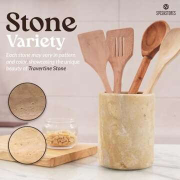 SPESHSTONES Utensil Holder 6.5'' Inches Travertine Handmade Spoon Caddy Countertop - Kitchen Utensil...
