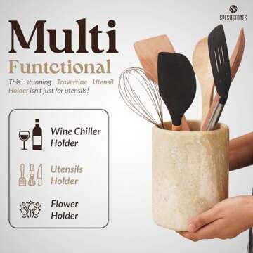 SPESHSTONES Utensil Holder 6.5'' Inches Travertine Handmade Spoon Caddy Countertop - Kitchen Utensil set Organizer, Flatware Chopstick Canister, Utensil Holder Home Accessories