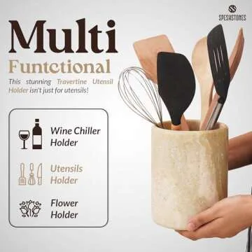 SPESHSTONES Utensil Holder 6.5'' Inches Travertine Handmade Spoon Caddy Countertop - Kitchen Utensil set Organizer, Flatware Chopstick Canister, Utensil Holder Home Accessories