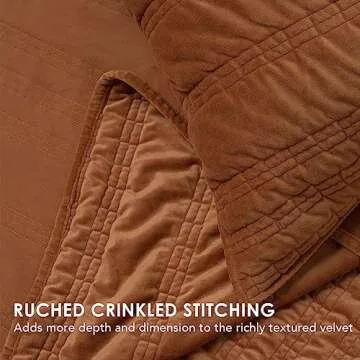 EverGrace Velvet Quilt Queen Size, Luxury Bedding Set, Ultra Soft Ruched Sets, Lightweight Comforter Vintage Textured Bedspread Coverlet with 2 Shams, Burnt Orange