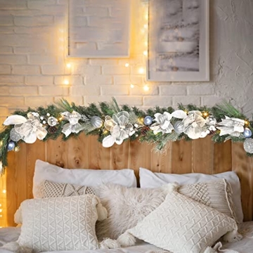 Vofuly 6ft Winter White Silver Christmas Garland with LED Lights