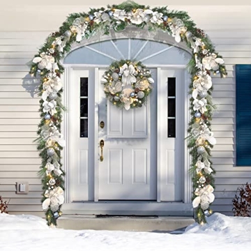 Vofuly 6ft Winter White Silver Christmas Garland with LED Lights