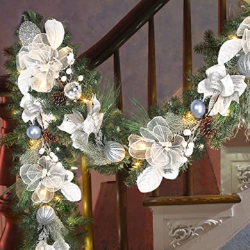 Vofuly 6ft Winter White Silver Christmas Garland with LED Lights