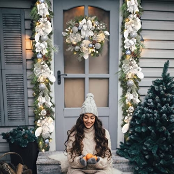 Vofuly 6ft Winter White Silver Christmas Garland with LED Lights