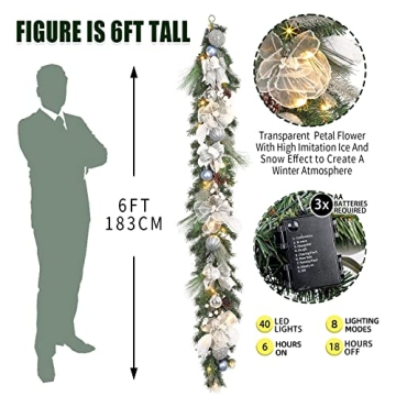 Vofuly 6ft Winter White Silver Christmas Garland with LED Lights