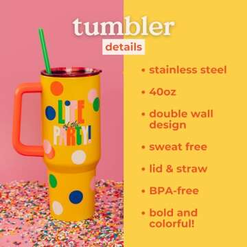 ban.do 40 Ounce Tumbler with Handle and Straw, Double Walled Insulated Tumbler, Yellow Stainless Ste...
