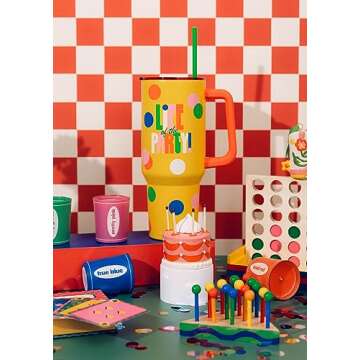 ban.do 40 Ounce Tumbler with Handle and Straw, Double Walled Insulated Tumbler, Yellow Stainless Steel Travel Mug, Cupholder Friendly Large Tumbler, Life of the Party