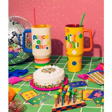 ban.do 40 Ounce Tumbler with Handle and Straw, Double Walled Insulated Tumbler, Yellow Stainless Steel Travel Mug, Cupholder Friendly Large Tumbler, Life of the Party