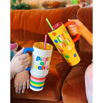 ban.do 40 Ounce Tumbler with Handle and Straw, Double Walled Insulated Tumbler, Yellow Stainless Steel Travel Mug, Cupholder Friendly Large Tumbler, Life of the Party