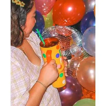 ban.do 40 Ounce Tumbler with Handle and Straw, Double Walled Insulated Tumbler, Yellow Stainless Steel Travel Mug, Cupholder Friendly Large Tumbler, Life of the Party