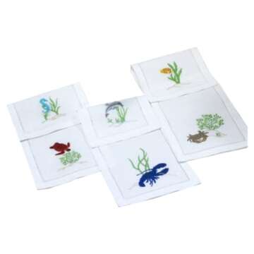 QUANG THANH EMBROIDERY - Set of 6 Embroidered Mix Cocktail Napkins with Sea Animals Design, Eco Frie...