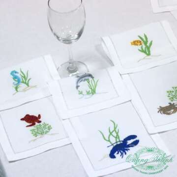 QUANG THANH EMBROIDERY - Set of 6 Embroidered Mix Cocktail Napkins with Sea Animals Design, Eco Friendly Napkins, Cotton Beverage Napkins for Dinner, Gatherings, Events, Holidays, Daily Use – 6 x 9’’.
