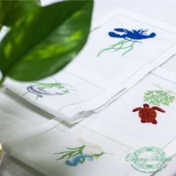 QUANG THANH EMBROIDERY - Set of 6 Embroidered Mix Cocktail Napkins with Sea Animals Design, Eco Friendly Napkins, Cotton Beverage Napkins for Dinner, Gatherings, Events, Holidays, Daily Use – 6 x 9’’.