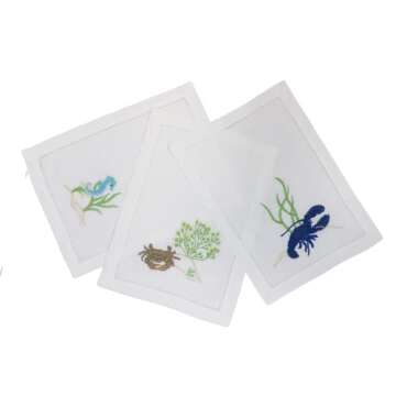 QUANG THANH EMBROIDERY - Set of 6 Embroidered Mix Cocktail Napkins with Sea Animals Design, Eco Friendly Napkins, Cotton Beverage Napkins for Dinner, Gatherings, Events, Holidays, Daily Use – 6 x 9’’.
