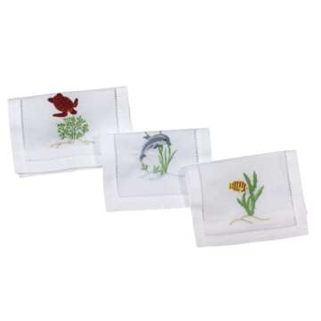 QUANG THANH EMBROIDERY - Set of 6 Embroidered Mix Cocktail Napkins with Sea Animals Design, Eco Friendly Napkins, Cotton Beverage Napkins for Dinner, Gatherings, Events, Holidays, Daily Use – 6 x 9’’.