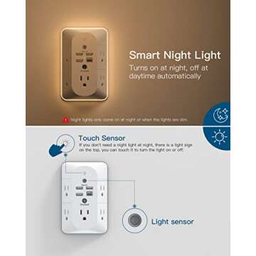Outlet Extender with Night Light, Surge Protector, Power Strip, 5 Outlet Splitter (3 Side) and 4 USB...