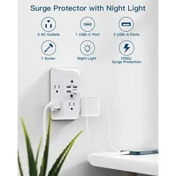 Outlet Extender with Night Light, Surge Protector, Power Strip, 5 Outlet Splitter (3 Side) and 4 USB Charger(1 USB C), USB Wall Charger, Multi Plug Outlets for Home, Office, Dorm Room Essentials