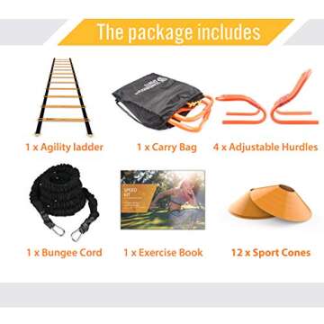 Ultimate Speed Training Set - Agility Ladder, Bungee Resistance Cord, 4 Adjustable Hurdles, 12 Sport...