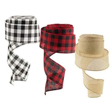 CHICHIC Christmas Ribbon Buffalo Plaid Ribbon Burlap Ribbon Christmas Tree Ribbon Wired for Fall Hol...