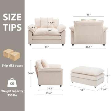 Linyuanwai Modern Oversized Chair Set of 2, Comfy Chenille Accent Chair Large Upholstered Armchair w...