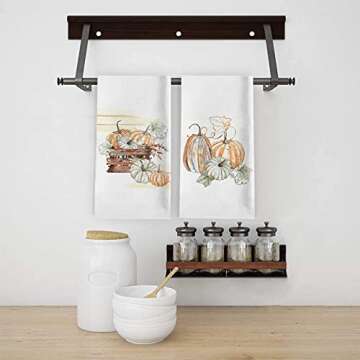 Seliem Fall Blue Pumpkin Patch Kitchen Dish Towel, Autumn Wooden Fence Bath Tea Bar Decorative Hand Absorbent Drying Cloth, Thanksgiving Watercolor Decor Sign Home Farmhouse Decorations 18” x 26”