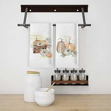 Seliem Fall Blue Pumpkin Patch Kitchen Dish Towel, Autumn Wooden Fence Bath Tea Bar Decorative Hand Absorbent Drying Cloth, Thanksgiving Watercolor Decor Sign Home Farmhouse Decorations 18” x 26”