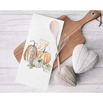 Seliem Fall Blue Pumpkin Patch Kitchen Dish Towel, Autumn Wooden Fence Bath Tea Bar Decorative Hand Absorbent Drying Cloth, Thanksgiving Watercolor Decor Sign Home Farmhouse Decorations 18” x 26”