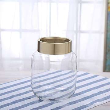 Cyl Home Vases Cylinder Clear Glass Flower Arrangement Vases Brass Gold Band Decor Dining Table Centerpieces Gifts for Wedding Housewarming Party, 8.7'' H x 5.9'' D