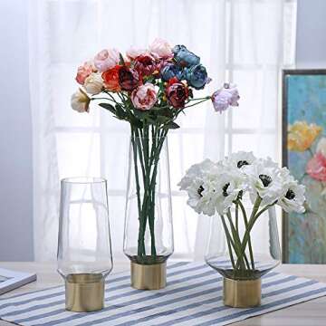 Cyl Home Vases Cylinder Clear Glass Flower Arrangement Vases Brass Gold Band Decor Dining Table Centerpieces Gifts for Wedding Housewarming Party, 8.7'' H x 5.9'' D