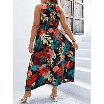 Floerns Women's Plus Size Boho Sleeveless Halter Neck Tie Back A Line Long Dress Black Multi 2XL