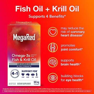 Megared Omega-3 Fish & Krill Oil Supplement 900mg - MegaRed Advanced 4in1, 60 softgels, 2x More Omeg...