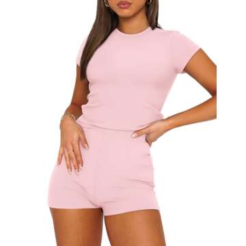 SAMPEEL Two Piece Sets for Women Summer Basic Lounge Pj Set Sleep Wear Pink M