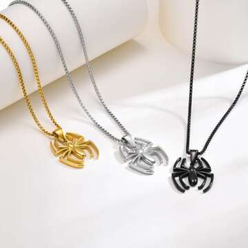 Hisatan Spiderman Gift Necklace Spider Pendant Necklace for Men, Silver/Gold/Black Stainless Steel Spider Chain Spider Man Christmas Gifts Jewelry for Spider-man Fans Men Women