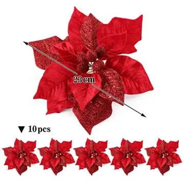 ABSOFINE 9'' Christmas Glittery Flower Ornaments Red Artificial Poinsettia Large Glitter Decorations for Christmas Tree Wreaths, 10 Pcs