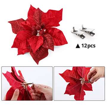 ABSOFINE 9'' Christmas Glittery Flower Ornaments Red Artificial Poinsettia Large Glitter Decorations for Christmas Tree Wreaths, 10 Pcs