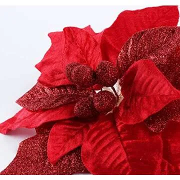 ABSOFINE 9'' Christmas Glittery Flower Ornaments Red Artificial Poinsettia Large Glitter Decorations for Christmas Tree Wreaths, 10 Pcs