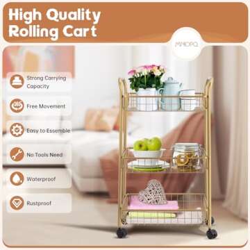 MNOPQ 3 Tier Mesh Rolling Utility Cart, Gold Metal Organization Cart with Lockable Wheels, Multifunc...